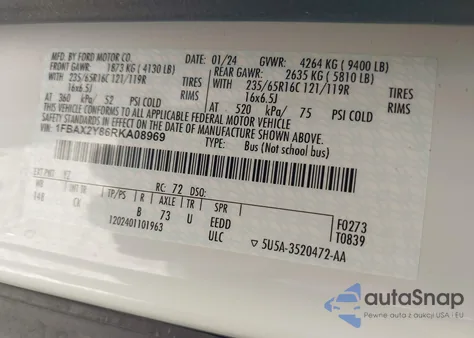 2024 Ford Transit-350 Passenger Van Xlt z USA, uszkodzony, nr VIN 1FBAX2Y86RKA08969